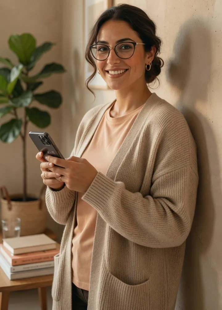 Eine Frau schaut in ihrem Wohnzimmer auf ihr Smartphone